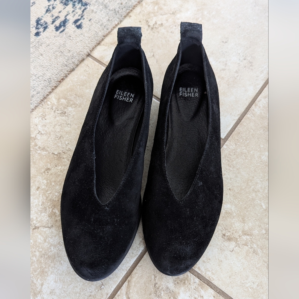 Eileen Fisher Suede Humor Wedge Ballet Flat Black Size 8.5 Womens